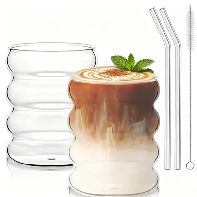 Obrázek produktu pro Dva sklenice na Latte Macchiato, objem 300 ml, s reliéfním vzorem, včetně skleněných brček