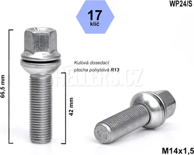 Obrázek produktu pro Kolový šroub M14x1,5x42 koule R13 pohyblivá, klíč 17, S17D42R13F-MW, výška 66,5 mm