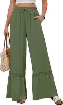 Produktbild von ASKSA Damen Leichte Weite Hosen Laessig Leicht Sommerhose Hohe Taille Palazzo Hose mit Taschen (Armeegruen,L)