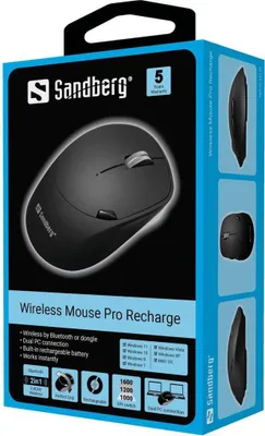 Obrázek produktu pro Sandberg 631-02, Pro praváky, RF bezdrátové + Bluetooth, 1600 DPI, Černá