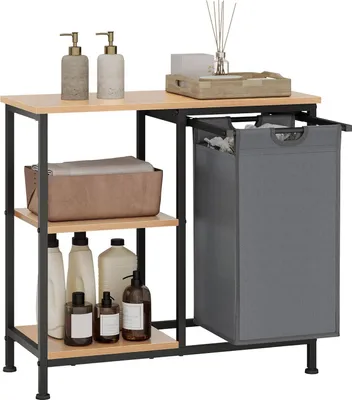 Produktbild von Eugad Badregal mit Wäschekorb, ausziehbar, Schwarz helle Eiche, 70x65x30 cm, aus Holzwerkstoff & Stahl, 4 Ablagen, verstellbare Füße, wasserfeste Platten, für Bad & Waschküche