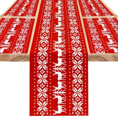 Obrázok produktu pre Vianočné obrusy a podtály s motívom jelena, červené, sada 5 kusov, rozmer 180x40 cm a 45x30 cm, materiál: polyester