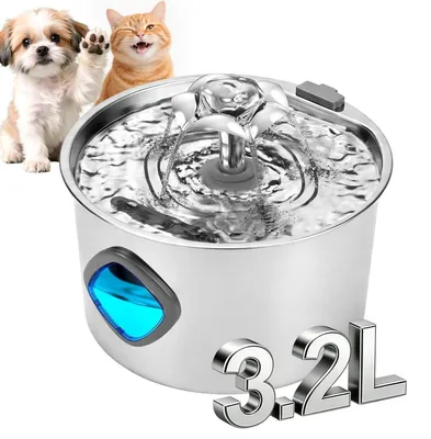 Image de Fontaine à eau pour chats, en acier inoxydable, 3,2 litres, avec indicateur de niveau d'eau, très silencieuse, 2 filtres et 2 éponges