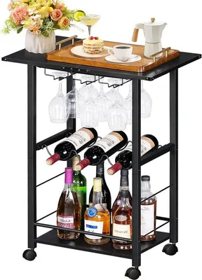 Obrázek produktu pro Ibenzoa® Průmyslový servisní vozík s držáky na lahve a úložným prostorem, rozměry 60 x 40 x 76,5 cm, černá barva, kovová konstrukce, otočná kolečka o 360° s brzdou – vozík do kuchyně a baru
