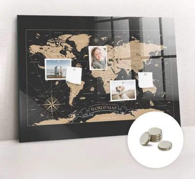 Obrázek produktu pro Magnetická Tabule na Zeď Skleněná - Memo Board Kleněnou Přední Stranou - 5 magnetů v balení - 100x70 cm - Vintage mapa světa