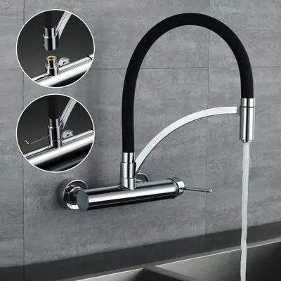 Produktbild von Wasserhahn Küche Messing Wandmontage Schwarz,180° drehbar Silikon in Lebensmittelqualität Wand Küchenarmatur 342 mm, Wandarmatur Flexibel Ausziehbarer