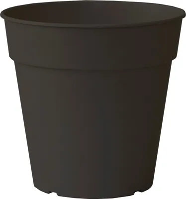A dark gray plastic plant pot is shown against a white background.