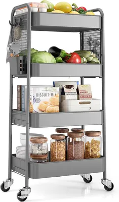 Immagine prodotto di Carrello portaoggetti a 4 ripiani, grigio, con ruote, per la cucina