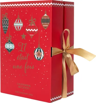 A red advent calendar box decorated with Christmas ornaments and gold ribbon.