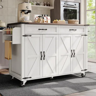 Produktbild von MODFU Kommode Kücheninsel, Sideboard Servierwagen mit ausziehbarer Arbeitsplatte, Schrank Buffet mit vier Türen und zwei Schubladen für Wohnzimmer, Küchentrolley, Weiß