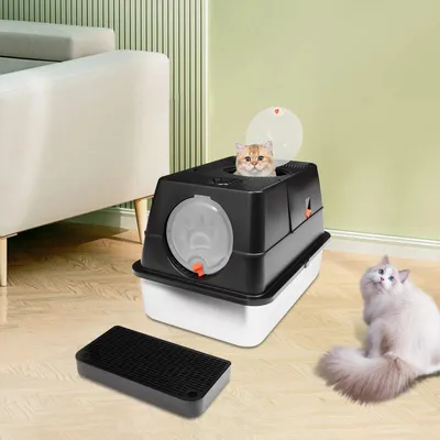 Produktbild von Katzentoilette aus Edelstahl - Katzenklo mit Klappdeckel - 28 L Fassungsvermögen - Mit Schaufel - Leicht Zu Reinigen - 60×40×39 cm - Schwarz