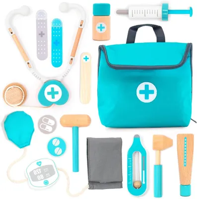 Image de Malette de docteur pour enfants - Jeu de rôle médical - Apprentissage par le jeu - Fabriquée en bois - 18 x 20 cm - Turquoise
