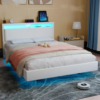 Produktbild von Schwebendes Bettgestell - Modernes Bett - Plattformbett - Bett für das Schlafzimmer - Polsterbett - 140x200 cm - Mit LED-Beleuchtung