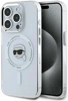 Image de Étui MagSafe pour Apple iPhone 15 Pro - Coque arrière Karl Lagerfeld IML Metal Karl Head - Blanc