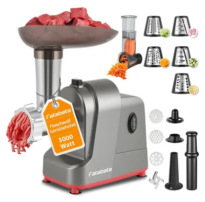 A collage of a meat grinder and vegetable slicer with various attachments and ingredients.