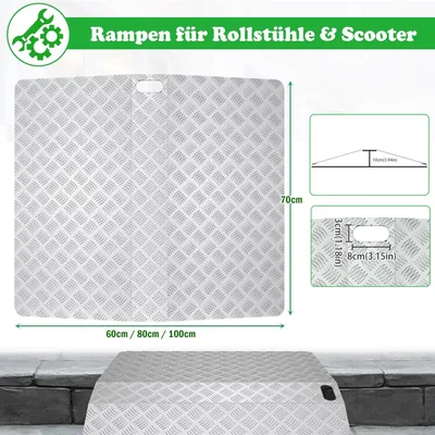 Produktbild von trmlbe Rollstuhlrampe Aluminium, 80x70x10 cm (LxBxH), max. 270 kg Traglast, Tragbar, rutschfest, rostfrei, witterungsbeständig, mit Handgriff, prismatische Oberfläche, für Innen- & Außenbereich