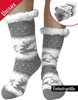 Produktbild von Kuschelsocken für Damen und Herren Dicke Stoppersocken Warme Wintersocken Hüttensocken Flauschig Weihnachtssocken Hausschuhe Geschenk Socken Uni Grau