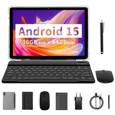 Produktbild von PRITOM 10 Zoll Android 15 Tablet, 16(4+12 erweiterbar)GB+64GB 1TB erweiterbar, WiFi 6, Dual-Box-Lautsprecher, BT5.0, mit Tastatur, Maus, Hülle, grau