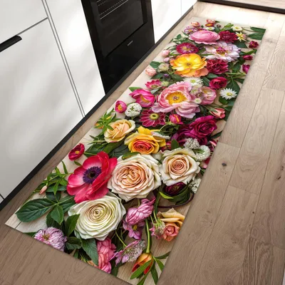 Produktbild von Küchenteppich 60x90cm rutschfest & abwischbar PVC Läufer - Blumenbouquet