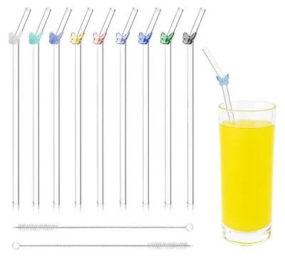 Produktbild von Glasstrohhalme - 9-teiliges Set mit Schmetterlings-Motiv - Wiederverwendbare Trinkhalme für Säfte Cocktails Smoothies und Bubble Tea - Inklusive 2 Reinigungsbürsten