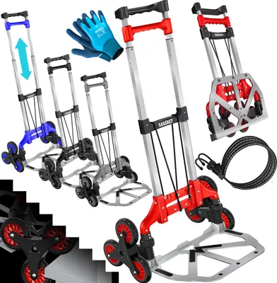 Produktbild von MASKO® Stufen-Sackkarre Treppenkarre Klappbar 80 kg Tragkraft 3x3 Treppensteiger inkl. Rädern + 2 Expanderseile + Handschuhe - höhenverstellbarer Griff - Aluminium Handkarre für Transportkarre, Farbe:Rot