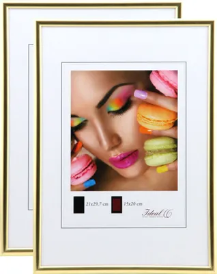 A product image of two gold picture frames with white mats, one frame is slightly behind the other. The front frame displays a close-up image of a woman's face with colorful makeup and macarons.