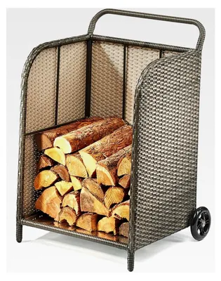Produktbild von Kaminholzwagen aus Polyrattan in Grau auf Metallrahmen, 79 cm