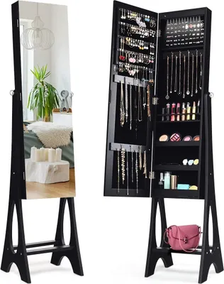 Produktbild von COSTWAY Schmuckschrank Standspiegel abschließbar, 2 in 1 Ganzkörperspiegel mit Schmuck Aufbewahrung, Spiegelschrank mit 12 LEDs freistehend (Schwarz)