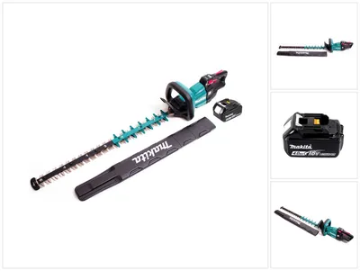 A Makita hedge trimmer, battery, and blade cover are displayed on a white background.