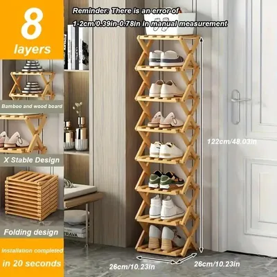 Obrázok produktu pre Regál na topánky, skladací dizajn, bambusová konštrukcia, 8-vrstvový