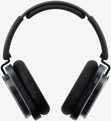 A pair of black headphones is shown against a plain light gray background.