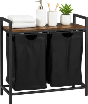 Immagine prodotto di Cestino portabiancheria Relaxdays, 2 cestini estraibili, con ripiano, L x P x A: 72 x 73 x 33 cm, cestino portabiancheria in metallo, marrone/nero