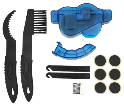 Produktbild von Reinigungsset mit Bürste für Fahrradketten, Reifenreparaturset und Pflegezubehör