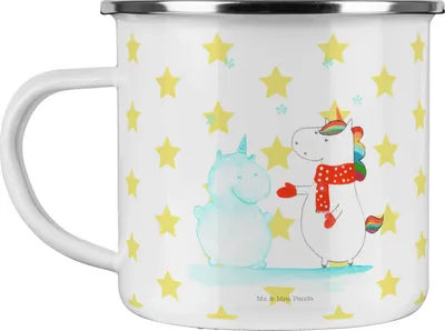 Produktbild von Mr. & Mrs. Panda emaillebecher Einhorn Schneemann - Weiß - Geschenk, Unicorn, Handschuhe, Kaffeepott, Haferl, Pott, Schnee, Kuchen, kalt, becher emaille, Teetasse, Tasse
