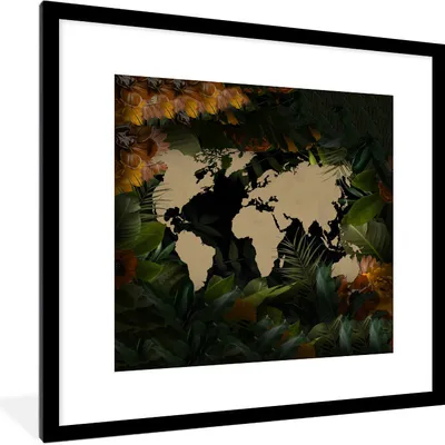 Produktbild von MuchoWow® MuchoWow® Gerahmtes Poster Weltkarte - Einfach - Blumen 40x40 cm - Poster mit zchwarzem Bilderrahmen - Poster - Plakat im Rahmen