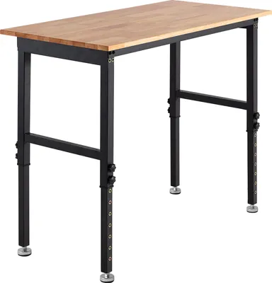 Produktbild von SucceBuy Werkbank mit 680 kg Tragkraft, 122x60 cm Arbeitsplatte aus Eichenholz, höhenverstellbar von 67–102 cm, vielseitig einsetzbar in Garage, Werkstatt, Zuhause, Büro und Gewerbe