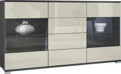 Produktbild von Vladon Sideboard Bari V1, Kommode mit 2 großen Türen und 4 Schubladen, Anthrazit matt/Creme Hochglanz (138,5 x 75,5 x 35)
