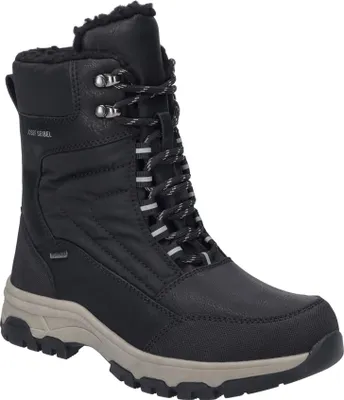 A single black winter boot is shown against a white background.