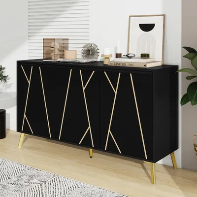 Produktbild von Fortuna Lai Moderner Stil, einzigartige Linie, Sideboard, 3-türig, grifflos, für Esszimmer, Wohnzimmer, Küche, Buffetschrank (Schwarz)