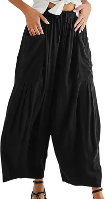 Produktbild von ASKSA Damen Weitem Hose Bein High Waist Falten Lang Sommerhose Schnüren Lose Casual Bequem mit Taschen, Schwarz, XL