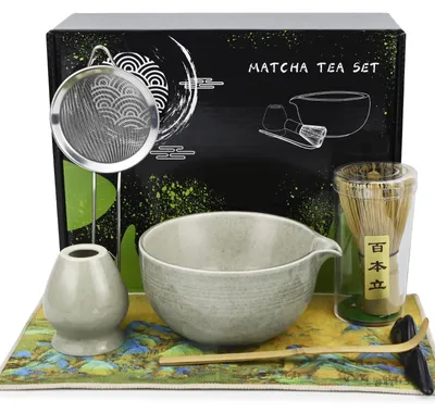 Produktbild von Matcha Set 7-teilig - Matcha Besen - Matcha Schale - Matcha Löffel - Matcha Sieb - Geschirrtuchunterlage - Traditionelle Zubereitung - Teeset