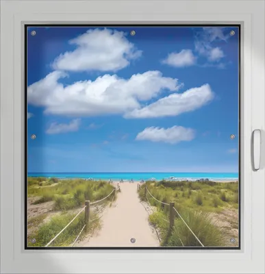 Produktbild von Wallario Lichtschutzbild, Dekorativer Sichtschutz Sonnenschutz 96 x 93 cm mit Motiv: Sandweg zum blauen Meer mit blauem Himmel - Verdunklung ohne Bohren