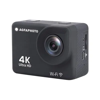 A black action camera is shown against a white background.