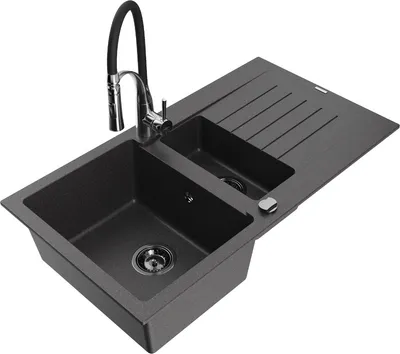 Produktbild von Mexen Matias 1,5-Becken-Granitspüle mit Abtropffläche und Mischbatterie Aster, Schwarz gesprenkelt - 6502-76-73450-07-B