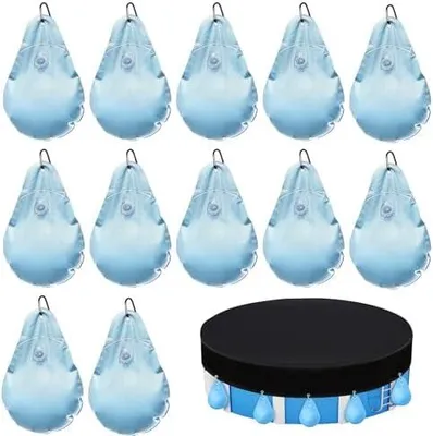 Produktbild von 12 Stück Poolabdeckung Gewichte Wassersack – 23×34 cm Hängende Pool Wandtaschen mit Haken & Schnallen, Verdickte PE Wassersäcke mit Anti-Leck-Ventil für Winterabdeckplane & Schwimmbadschutz