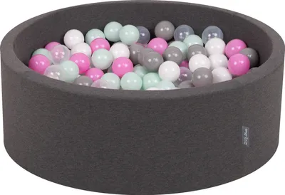 Produktbild von KiddyMoon bällebad 90x30cm/300 bälle ∅ 7cm bällepool mit bunten bällen für babys kinder rund, dunkelgrau:transparent/grau/weiß/pink/minze