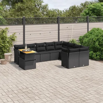 Produktbild von Design 10-tlg. Garten-Sofagarnitur mit Kissen Schwarz Poly Rattan, Gartenmöbel-Sets 2024 Neu