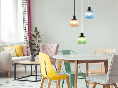Produktbild von LED Pendelleuchte Hängelampe 3-flammig E27 rund Glas-Lampenschirm bunt schwarz
