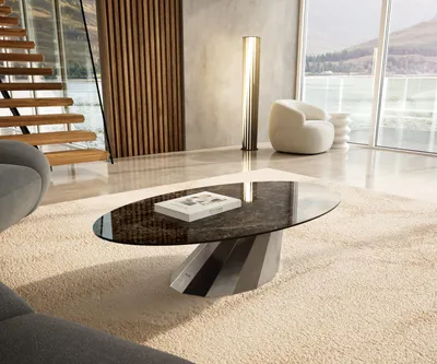 Produktbild von DELIFE Couchtisch Edge Oval 140x80 cm Keramik Emperador Extra Lucidato Dunkelbraun Parabi Edelstahl gebürstet