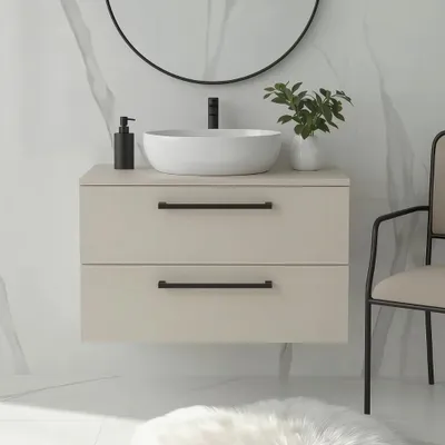 Produktbild von Waschbeckenunterschrank ONE 2 große Schubladen Kaschmir hängend Badmöbel Badezimmer 80x50x46 schwarze Griffe Badezimmermöbel